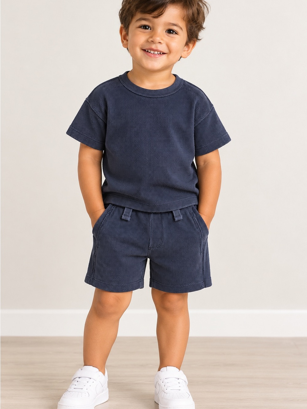 Kids Navy Short-Sleeve Waffle Tee and Shorts Set